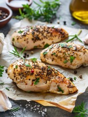 Oven-baked chicken fillet seasoned with herbs and fresh ingredients ready to enjoy for a healthy meal