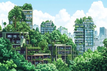 Fototapeta premium Lush urban landscape with green buildings. Lush greenery covers rooftops and surrounds modern structures. A vibrant, stylized city scene