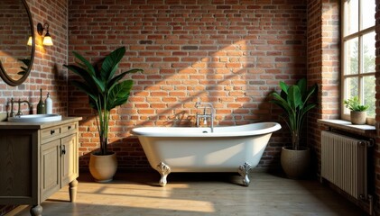 Rustic bathroom, exposed brick, vintage clawfoot tub, country, house, bathroom