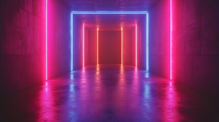 Neon Lights Illuminate Abstract Corridor Walls
