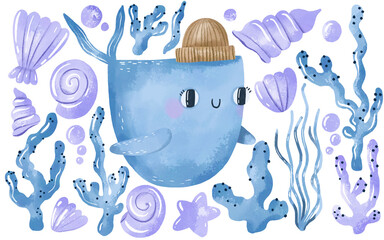 Blue Whale fish and marine algae, shells. Underwater sea life hand drawn watercolor illustration. Baby decor © Ilona