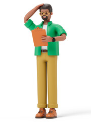 A man holds a clipboard and scratches his head, symbolizing evaluation or decision-making. 3D rendering, conceptual image. Isolated on white background.