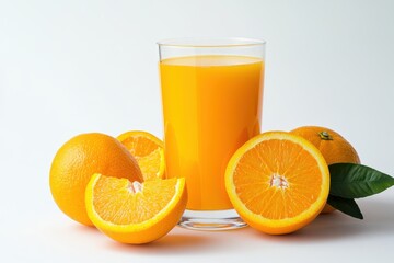Orange juice and oranges still life on white background