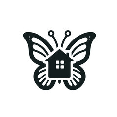Butterfly House Logo With House Silhouette Inside Wings Monochrome Style