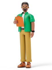 A man holds a folder, symbolizing organization or work readiness. 3D rendering, conceptual image. Isolated on white background.