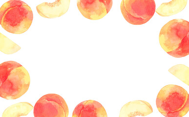 熟した桃のフレーム　フルーツの手描き水彩イラスト背景素材