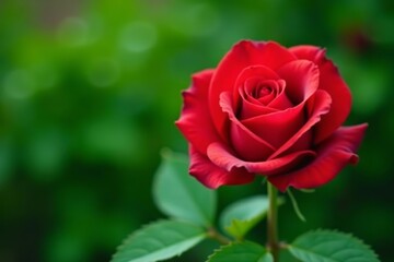 Fototapeta premium Close-up of vibrant red rose overlaid on lush green background, floral, botanical, nature