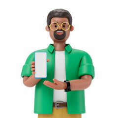 A man holds a smartphone, symbolizing modern communication or technology use. 3D rendering, conceptual image. Isolated on white background.