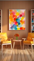 Mock up frame in children room with natural wooden furniture, 3D render  HD 8K mockup wallpaper Photographic Image