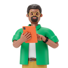 A man holds a tablet, symbolizing modern technology use or digital reading. 3D rendering, conceptual image. Isolated on white background.