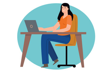 Woman Working on Laptop at Desk, Flat Design Office Illustration