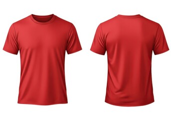 A front and back view of a red t shirt displayed on a white background in a studio setting