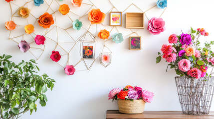 6 wall hanging decoration ideas with paper and jute, flower basket made of wire frame and colorful flowers in vase, beautiful geometric shapes on the white background