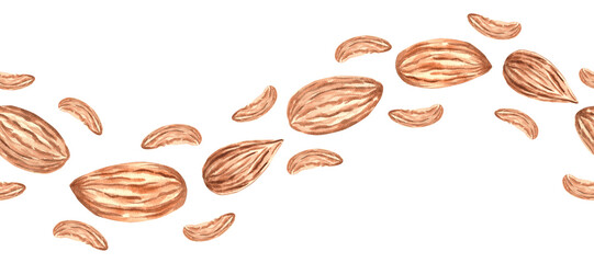 Almond kernels watercolor wavy seamless border. Hand drawn horizontal frame from natural organic food. Snack isolated illustration. Spice for cooking. Template of nuts in sketch style for food design.