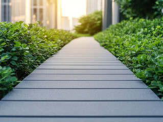 modern pathway lined with lush greenery leads through cityscape, creating harmonious blend of nature and urban design. warm sunlight vibrant colors of plants
