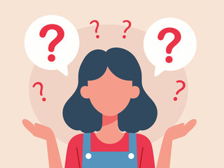 Woman asking question. Girl surrounded question marks. Concept of inquiry, frequently asked questions, looking for assistance, help, thinking. Female character in trouble.