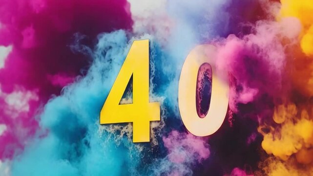 Number forty surrounded by colorful smoke bombs