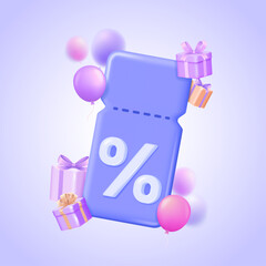 Discount coupon or price tag template with balloons and gift boxes, cashback voucher with percent symbol in festive pseudo 3d style. Perfect for promo and loyalty. 3d vector illustration.