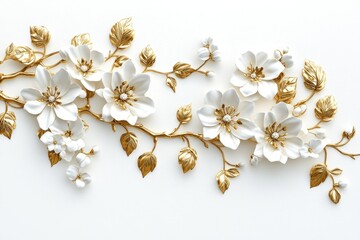 Elegant white flowers with gold accents.  Delicate blossoms and leaves create a luxurious, artistic wall decor