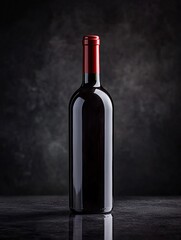 Elegant glass bottle filled with a dark red liquid stands against a textured dark backdrop.
