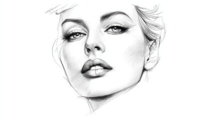 High contrast pencil sketch of confident young woman with bright lipstick and piercing gaze in monochrome art style against empty background portrait drawing