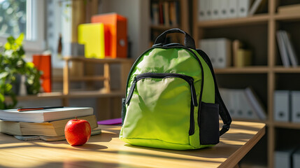 green backpack on a desk with books and apples, set in a bright classroom environment. AI Generated Images