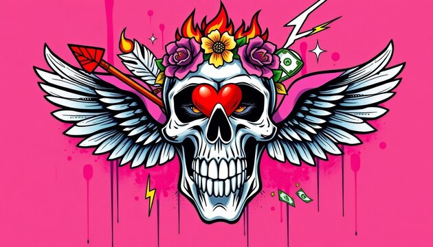 Graffiti style skull with arrow, burning heart, flower crown, wings, thunder, money, smile , isolated, heart - Powered by Adobe