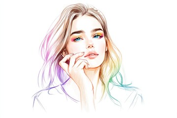 Young woman with pastel colored hair gazing into distance in high key lighting portrait with dreamy facial expression and subtle emotional ambiance against white background