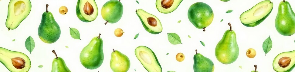 Watercolor avocado seamless pattern Fresh green fruit on white , summer, artwork