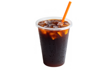 Iced coffee in clear plastic cup with orange straw on isolated view