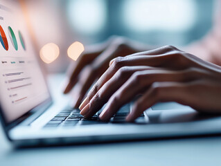 black worker Hands typing on laptop, analyzing financial data with graphs and charts displayed on screen. scene conveys focus and productivity in modern workspace