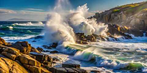 Fototapeta premium Sea spray misting over a rocky coastline