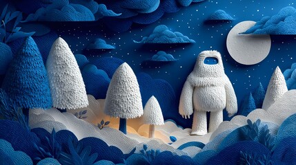 Yeti Illustration in Paper Kraft Style – Cute Mythical Snow Creature Design. Paper Kraft. Cute Wallpaper