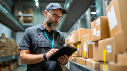 Warehouse worker utilizing a tablet to manage inventory and logistics effectively