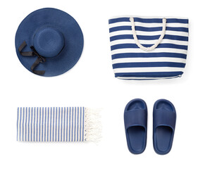 Set of blue beach accessories isolated on white, top view