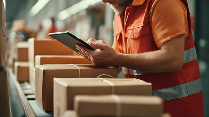 Modern warehouse logistics worker utilizing digital tablet for efficient package tracking