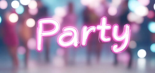 Bright neon sign reading Party with blurred figures in background, creating festive . vibrant colors and lights enhance celebratory mood