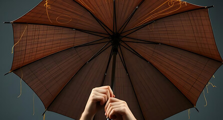 Holding umbrella during windy cloudy weather outdoors