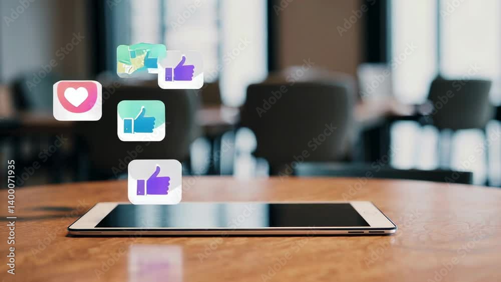 Poster colorful like and heart icons are increasing above a digital tablet lying on a table in an office me