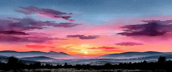 Sunset with pink clouds over a valley, mountains in the distance