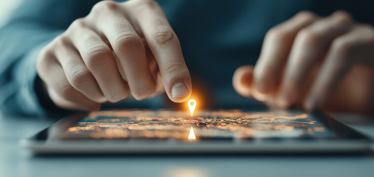person using tablet to interact with digital map, focusing on location marker. scene conveys sense of exploration and technology