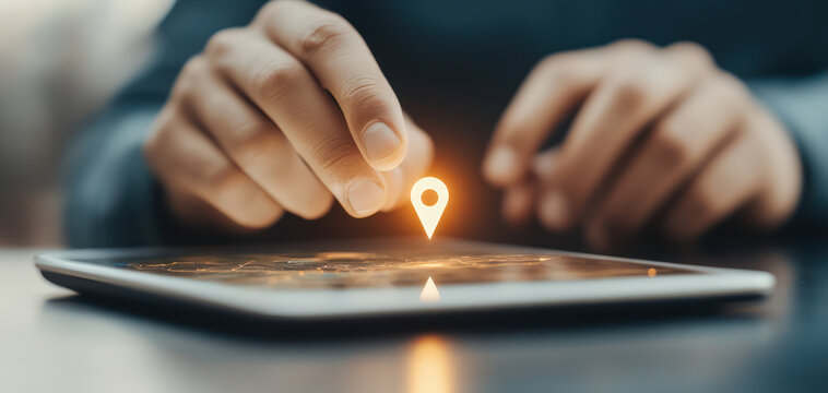 person using tablet to interact with digital map, highlighting location with pin icon. scene conveys sense of exploration and technology - Powered by Adobe