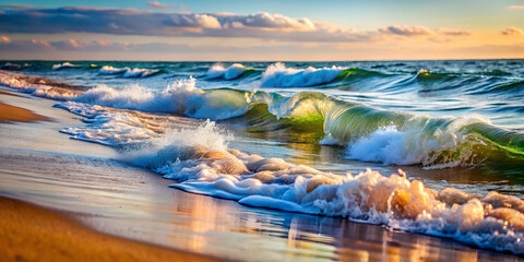 A soft-focus view of gentle waves rolling onto shore