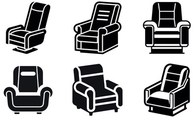 Black Silhouette Armchairs Set,  Recliner Chair Icons, Comfortable Furniture Designs