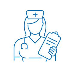 Nurse holding clipboard in blue line art style  