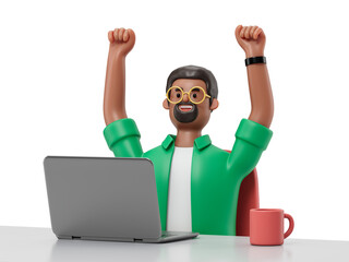 A man sits at a desk, arms raised in victory, symbolizing success or achievement. 3D rendering, conceptual image. Isolated on white background.