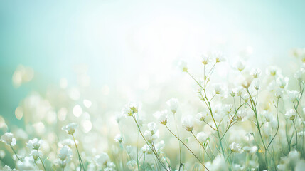 A breathtaking field of delicate white baby's breath flowers basks in the soft glow of a bright summer sun creating a serene and peaceful natural scene perfect for backgrounds or