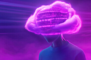 Conceptual art of a human figure with a digital cloud head