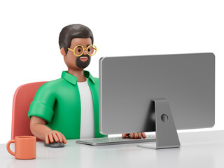 A man sits at a desk using a computer, symbolizing focused work in a comfortable environment. 3D rendering, conceptual image. Isolated on white background.