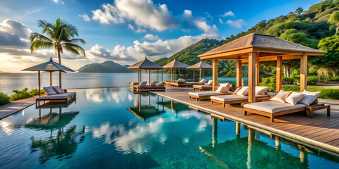 Obraz premium Exclusive beachfront pool with floating cabanas in Thailand